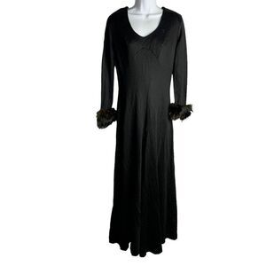 Vintage 60s Wide Leg Disco Jumpsuit S Black V Neck Long Sleeve Faux Fur Cuffs